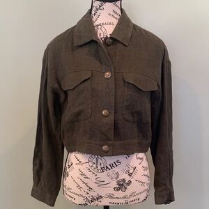 Linen Dark Army Olive Green Women's Size 6 Petite Small Cropped Short Jacket